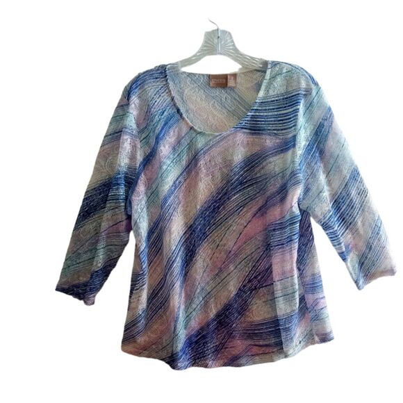 Chico's Open Knit Top Women's Medium Lightweight Medium Blue Pink 3/4 Sleeves - Picture 1 of 8